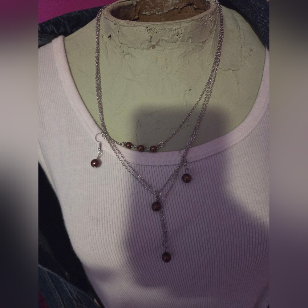 Silver Necklace with Brown Beads